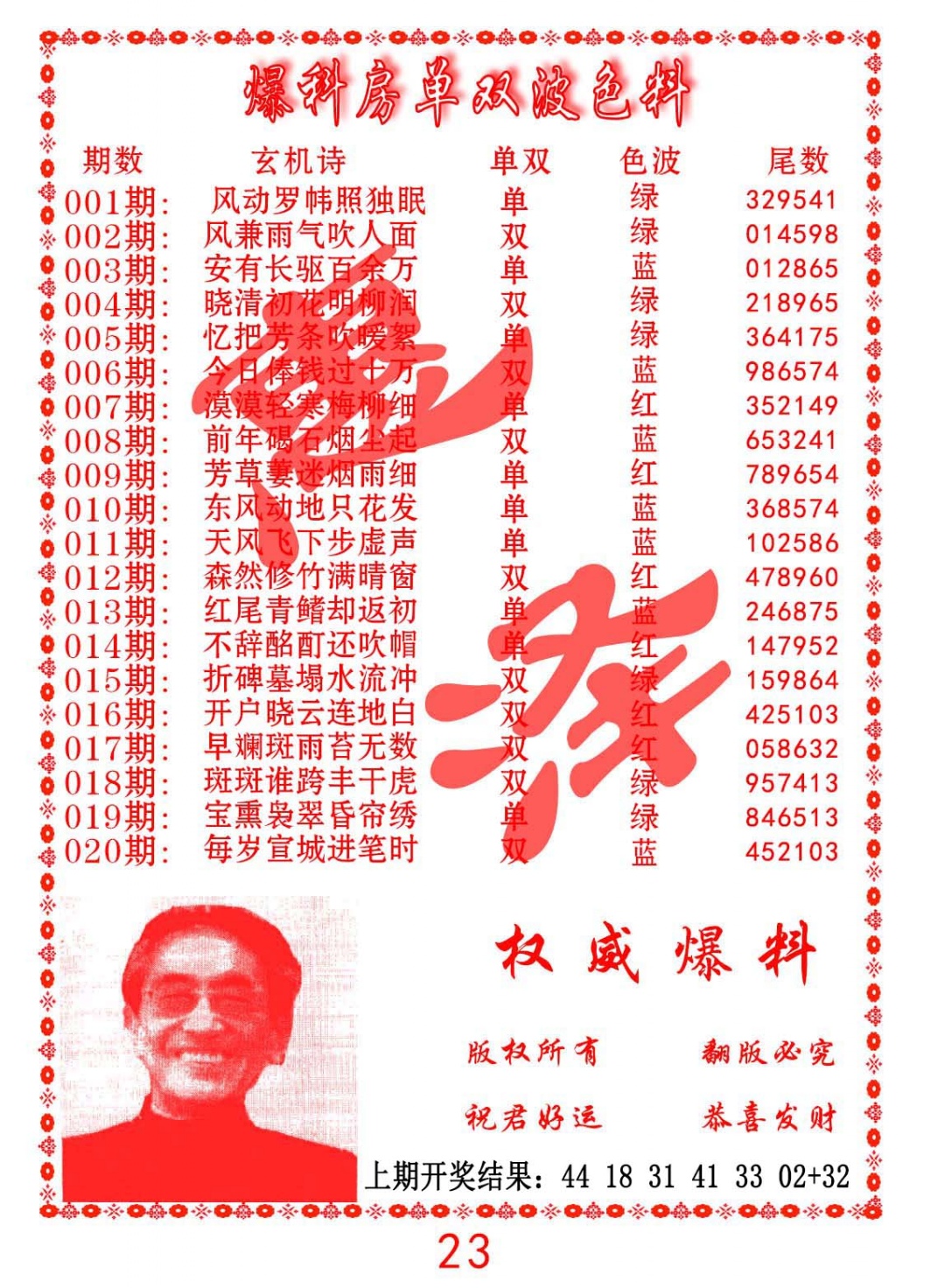 018期爆料房单双波色料[图]