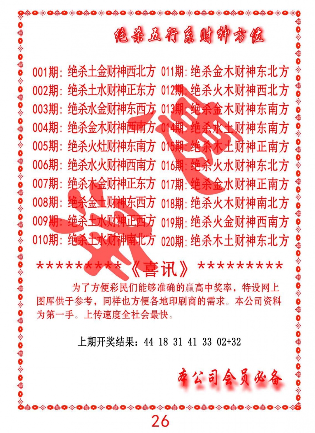 018期绝杀五行及财神方位[图]